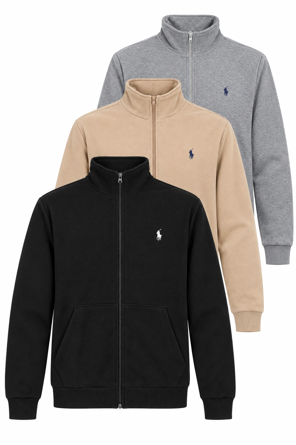 Pack de 3 Sweats Polo Zippés– Chaleur & Style (Noir & Biege & Gris )