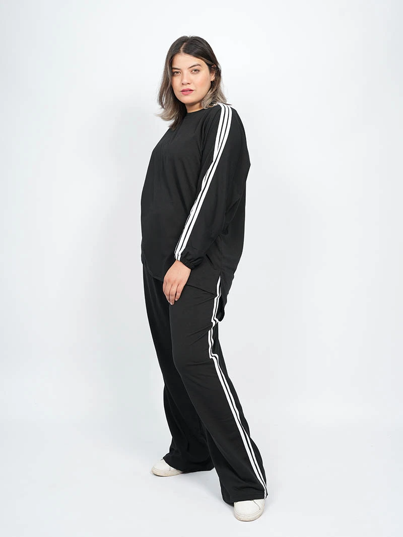 Ensemble sweat-shirt rayé à col rond et pantalon Baggy