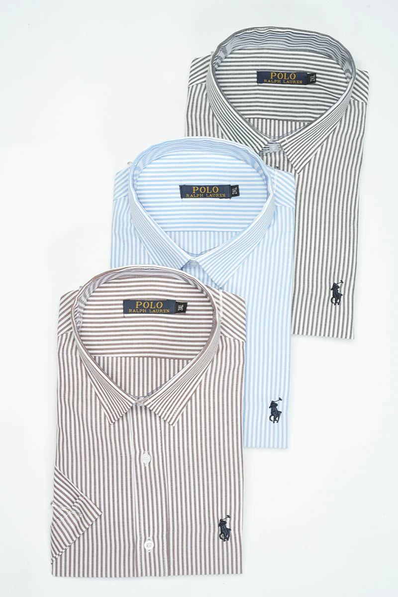 Pack 3 Chemises Ralph Demi-Manches rayée – Chambray Cotton Ref-RR1QQ30N