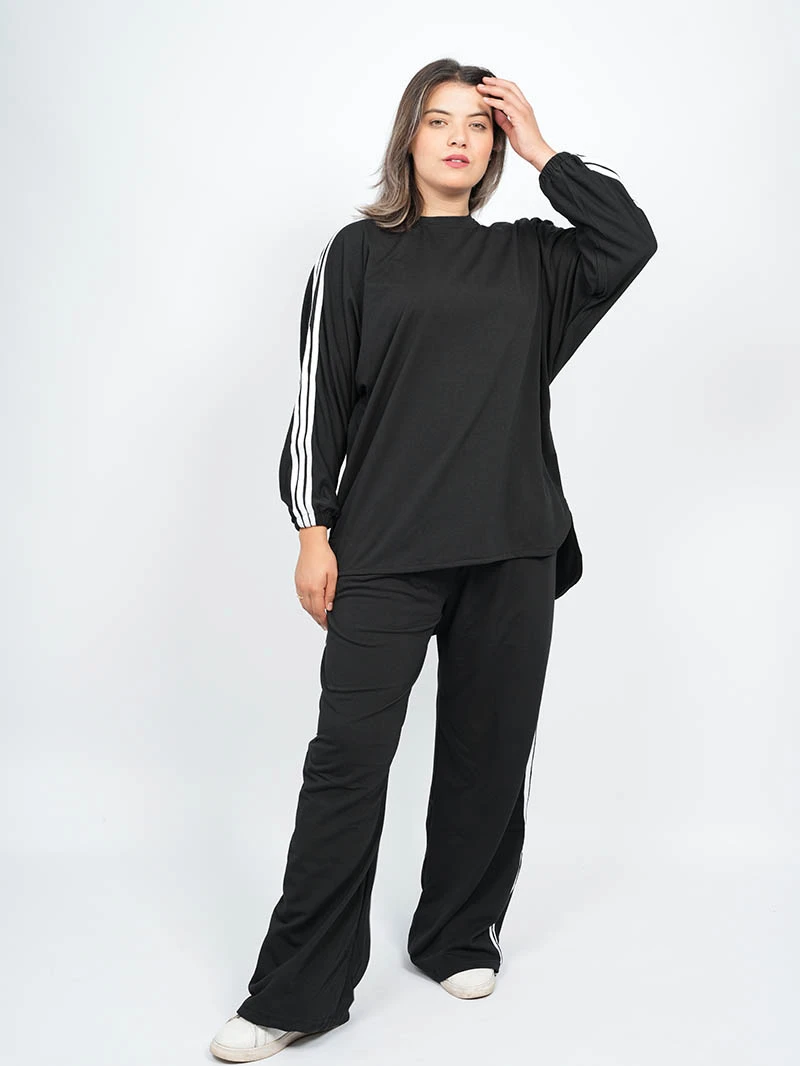 Ensemble sweat-shirt rayé à col rond et pantalon Baggy