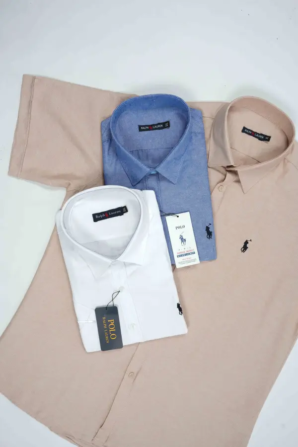 pack de 3 chemises Ralph lauren Oxford demi manche  Ref-CH71001D ( Blanche + Beige + Bleu roi )